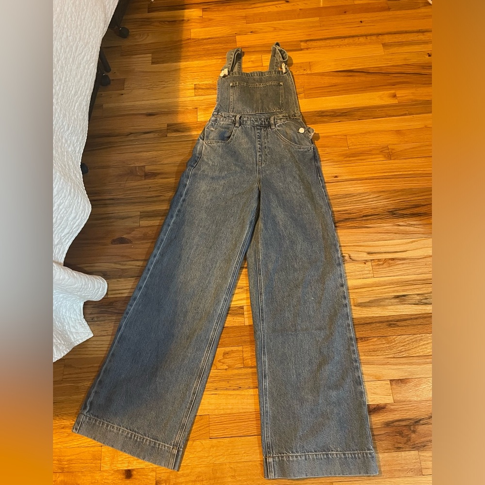 Wide leg denim overalls